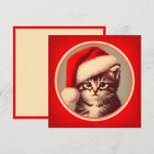 Tarjeta Festiva Gatito Adorable con Sombrero de Santa Rojo Retro