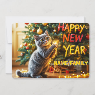 Tarjeta Festiva Gatito Adorable Jugando Con Luces De Hadas