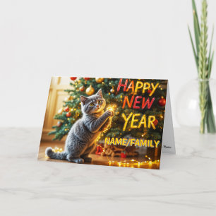 Tarjeta Festiva Gatito Adorable Jugando Con Luces De Hadas