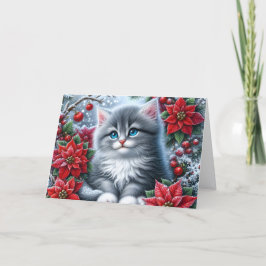 Tarjeta Festiva Gatito adorable y poinsettia