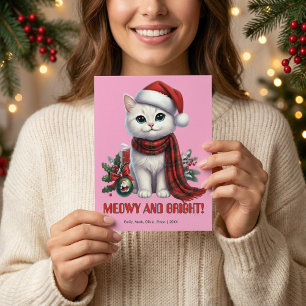 Tarjeta Festiva Gatito Blanco Lindo Brillante y Meowy