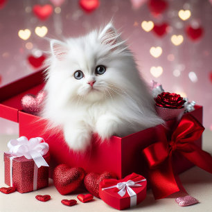 Tarjeta Festiva Gatito blanco lindo en caja Gracioso San Valentín