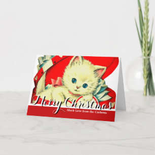 Tarjeta Festiva Gatito Blanco Vintage de San Valentín en Caja Roja