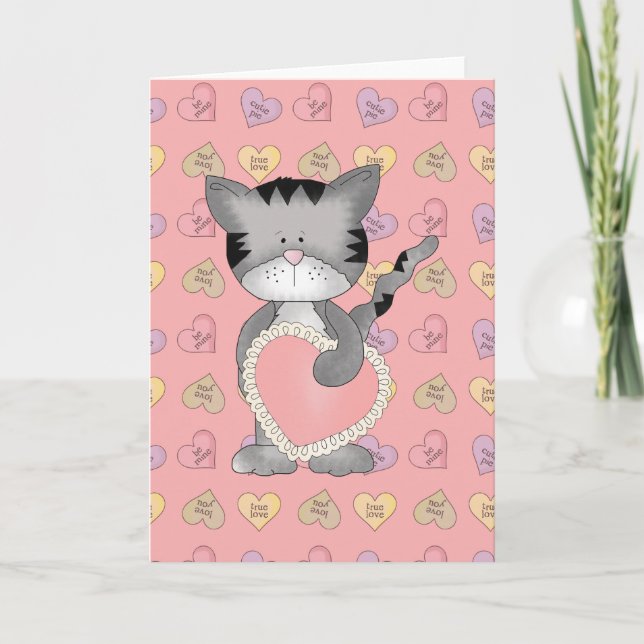Tarjeta Festiva gatito con corazón valentino (Anverso)