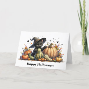 Tarjeta Festiva Gatito de Bruja Negra de Halloween con Calabazas y