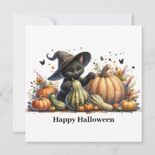 Tarjeta Festiva Gatito de Bruja Negra de Halloween con Calabazas y