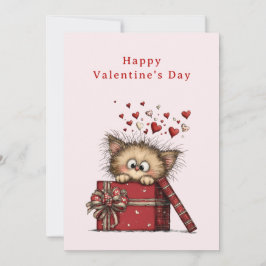 Tarjeta Festiva Gatito de dibujos animados adorable con corazones