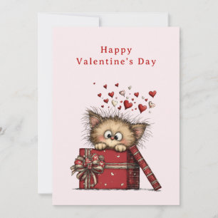 Tarjeta Festiva Gatito de dibujos animados adorable con corazones