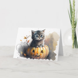 Tarjeta Festiva Gatito de Halloween en acuarela en una Jack-o-lant