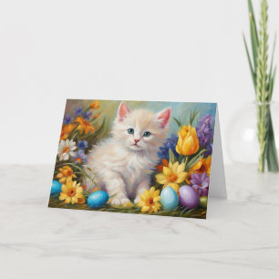 Tarjeta Festiva Gatito de Pascua con flores y huevos de Pascua