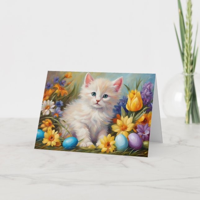 Tarjeta Festiva Gatito de Pascua con flores y huevos de Pascua (Anverso)