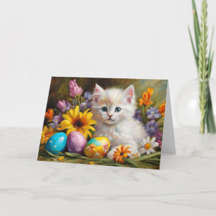 Tarjeta Festiva Gatito de Pascua con flores y huevos pintados 