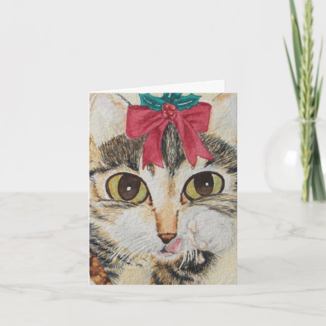 Tarjeta Festiva gatito de tabby gris muy lindo con fiesta de arco  (Anverso)