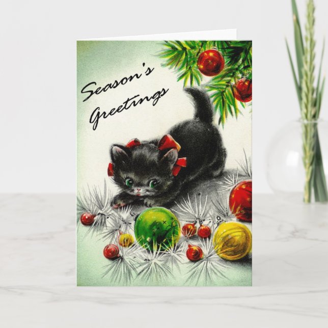 Tarjeta Festiva Gatito debajo del árbol (Anverso)