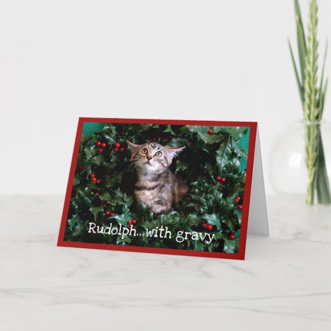 Tarjeta Festiva Gatito del Tabby en guirnalda del acebo (Anverso)