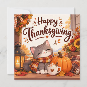 Tarjeta Festiva Gatito dulce de Acción de Gracias en porche acoged