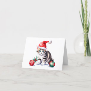Tarjeta Festiva Gatito Gris Atigrado de Santa BLANK