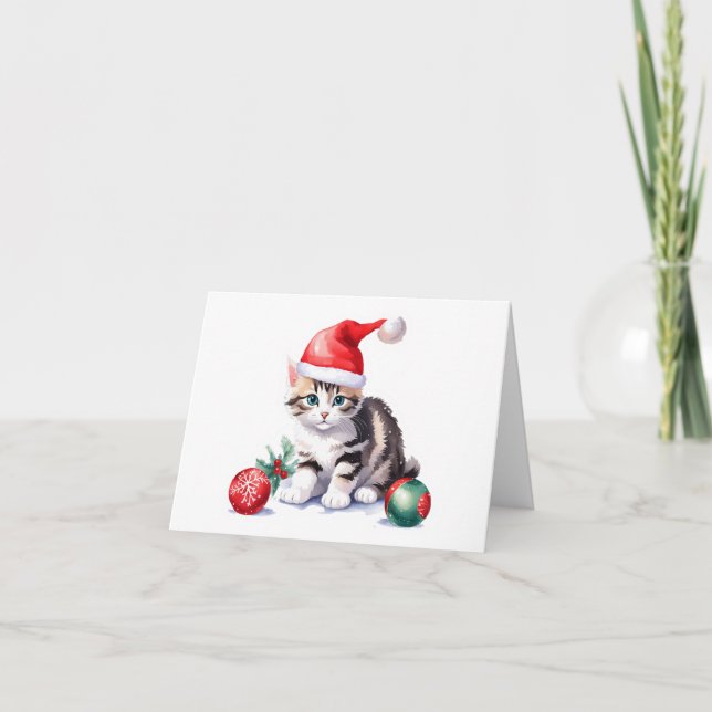 Tarjeta Festiva Gatito Gris Atigrado de Santa BLANK (Anverso)