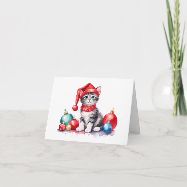 Tarjeta Festiva Gatito gris y blanco de Santa con Bolas EN BLANCO (Anverso)