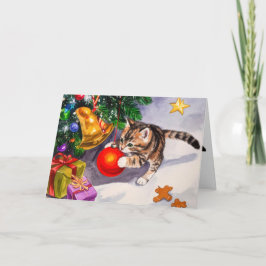 Tarjeta Festiva Gatito lindo columpiándose en los adornos del árbo