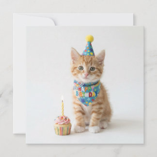 Tarjeta Festiva Gatito lindo con un pastelito. Feliz cumpleaños. 
