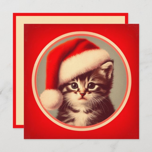 Tarjeta Festiva Gatito lindo en Santa Hat Red Retro (Anverso / Reverso)