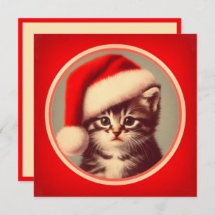 Tarjeta Festiva Gatito lindo en Santa Hat Red Retro