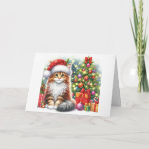 Tarjeta Festiva Gatito Maine Coon Sentado Junto al Árbol de Navida