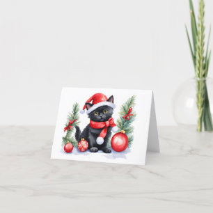 Tarjeta Festiva Gatito negro adorable de Santa con bolas de Navida