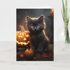 Tarjeta Festiva Gatito negro con calabaza Halloween