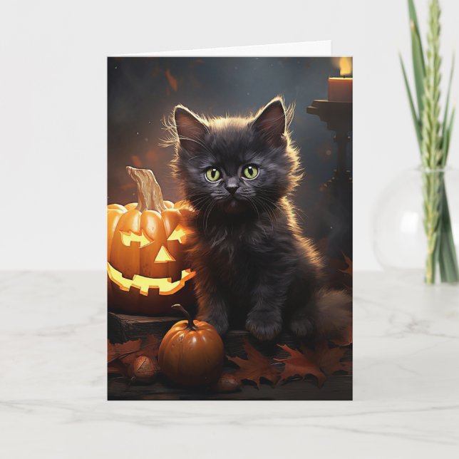 Tarjeta Festiva Gatito negro con calabaza Halloween (Anverso)