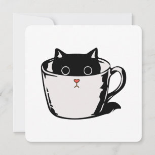 Tarjeta Festiva Gatito negro con nariz roja escondido en una taza