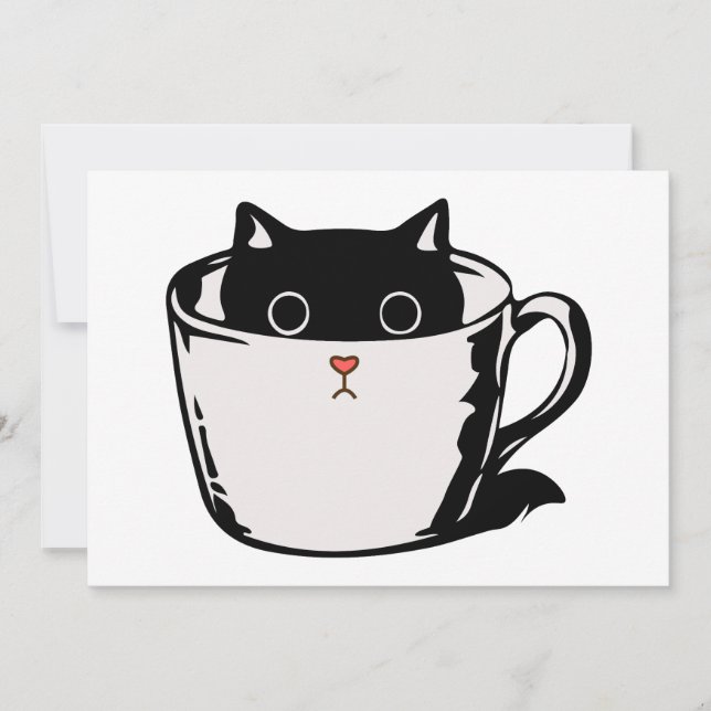 Tarjeta Festiva Gatito negro con nariz roja escondido en una taza (Anverso)