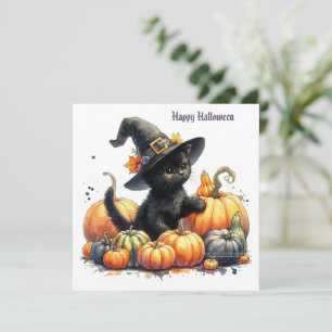 Tarjeta Festiva Gatito negro de Halloween con calabazas y Gorra de