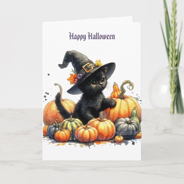 Tarjeta Festiva Gatito negro de Halloween con calabazas y Gorra de (Anverso)