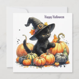 Tarjeta Festiva Gatito negro de Halloween con calabazas y sombrero