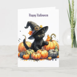 Tarjeta Festiva Gatito negro de Halloween con calabazas y sombrero
