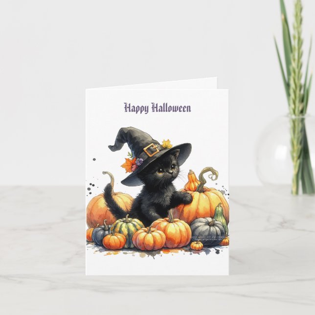 Tarjeta Festiva Gatito negro de Halloween con calabazas y sombrero (Anverso)