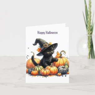 Tarjeta Festiva Gatito negro de Halloween con calabazas y sombrero