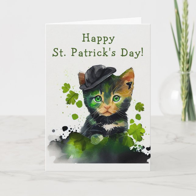 Tarjeta Festiva Gatito negro dulce en el Día de San Patricio (Anverso)