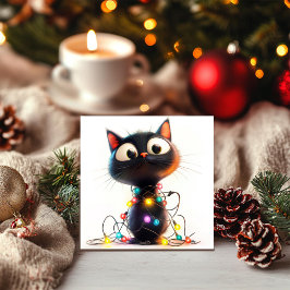 Tarjeta Festiva Gatito negro juguetón con luces festivas para Navi
