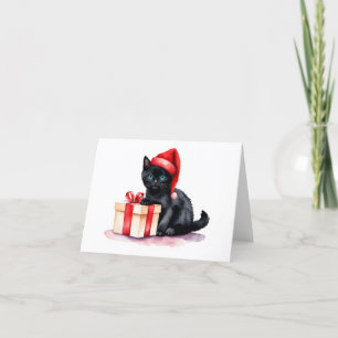 Tarjeta Festiva Gatito negro lindo de Santa con regalo EN BLANCO