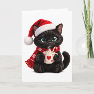 Tarjeta Festiva Gatito negro sombrero de Santa cacao caliente Navi
