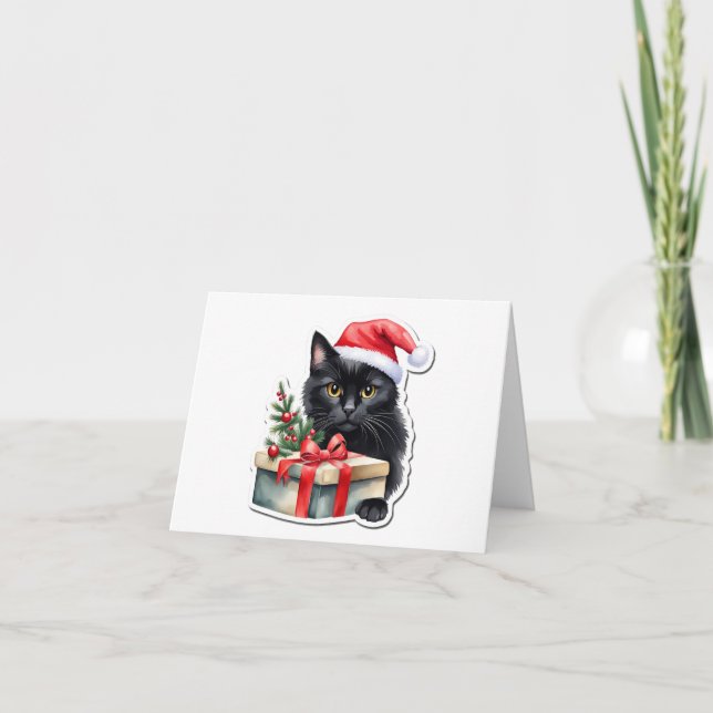 Tarjeta Festiva Gatito negro tímido de Santa Claus con regalo EN B (Anverso)