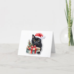 Tarjeta Festiva Gatito negro tímido de Santa con regalo EN BLANCO