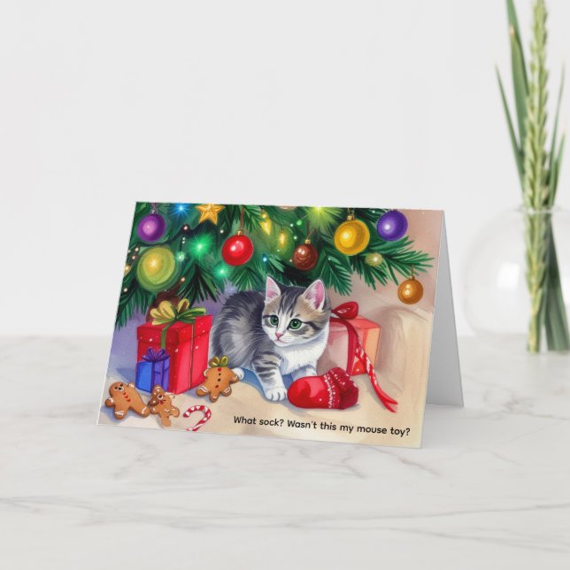 Tarjeta Festiva Gatito persigue el calcetín de mamá debajo del árb (Anverso)