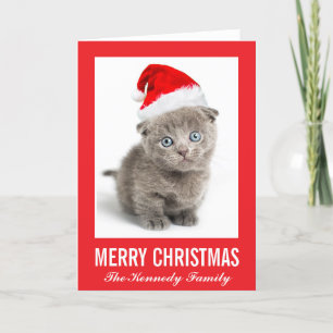 Tarjeta Festiva Gatito que lleva un gorra de Santa
