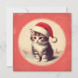 Tarjeta Festiva Gatito retro en Santa Hat