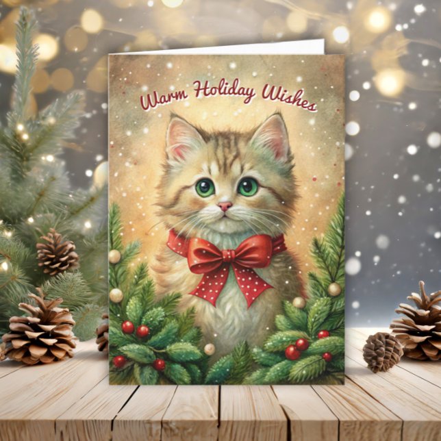 Tarjeta Festiva Gatito Vintage Gatilero Deseos Festividades (Vintage cat Christmas folded greeting card)