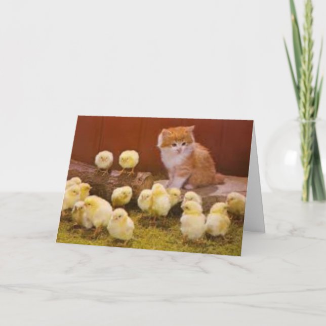 Tarjeta Festiva Gatito y polluelos de Pascua (Anverso)